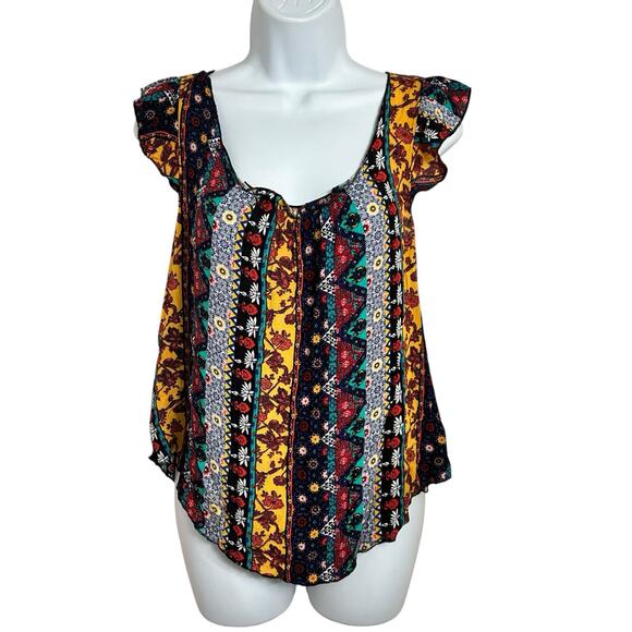 Belle Du Jour Boho Blouse Sz Small Scoop Neck Loose Multi Print Artisan Top - Picture 7 of 7